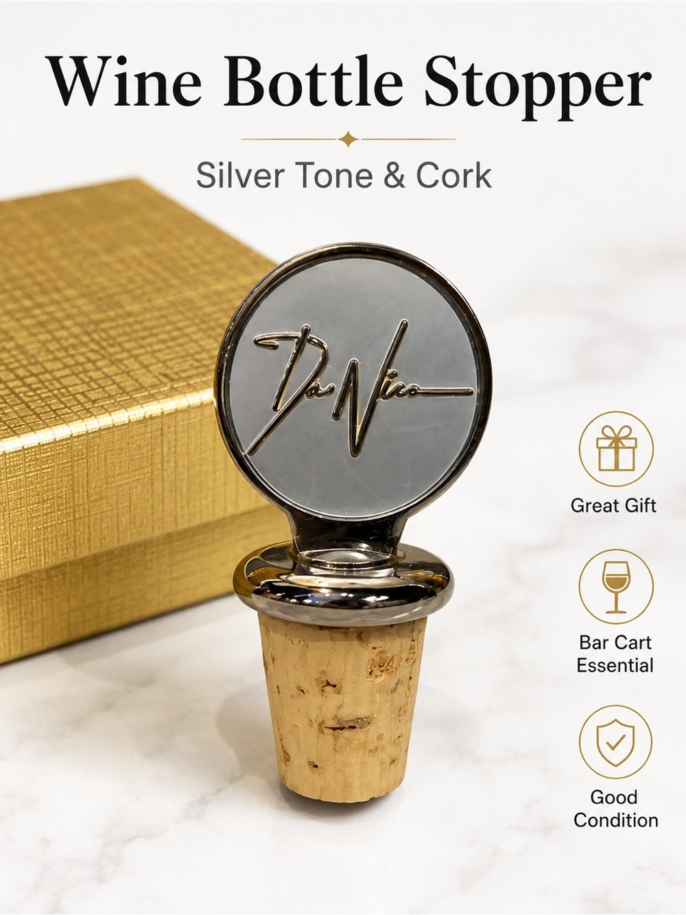 Elegant Silver Wine Bottle Stopper Cork Barware Gift Box Bar Cart Decor
